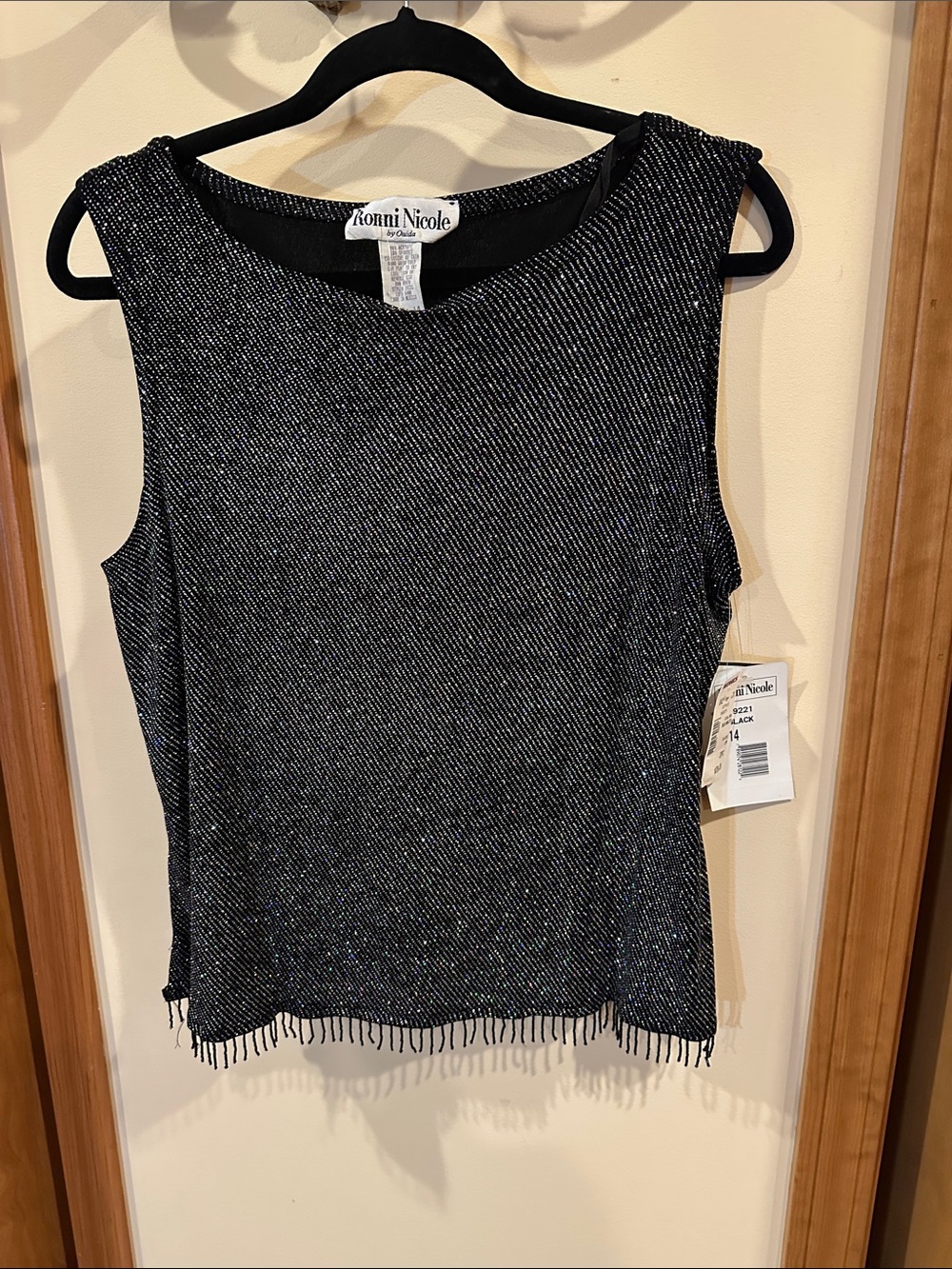 Ronni Nicole Black Multi Glitter Fringe Top Size 14 NWT Party Evening